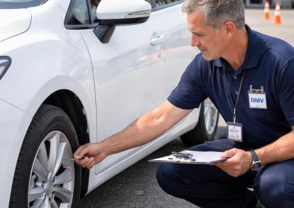 Сотрудник DMV проверяет автомобиль перед DMV тестом