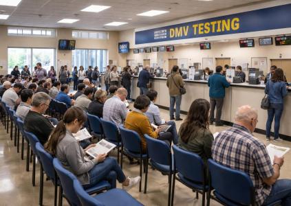 Офис DMV Калифорнии изнутри, посетители ожидают своей очереди для сдачи DMV Теста