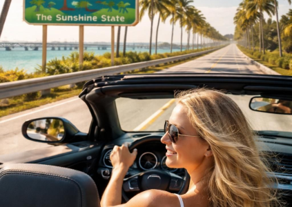 За рулем красивая блондинка едет по дороге в штате Флорида, проезжая главную его достопримечательность