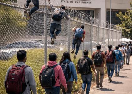 Группа людей по очереди перелезает через очень высокий забор и идут в направлении DMV штата США Калифорния