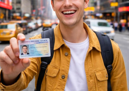 Студент получил водительские права в Нью-Йорке и довольный показывает их
