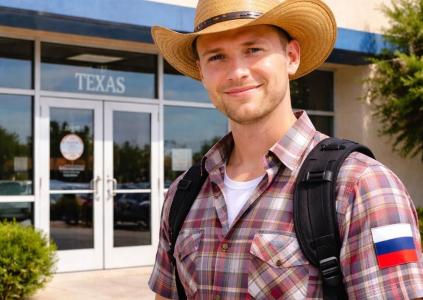 Турист из России в ковбойской шляпе стоит у офиса DMV Техаса, хочет получить водительские права